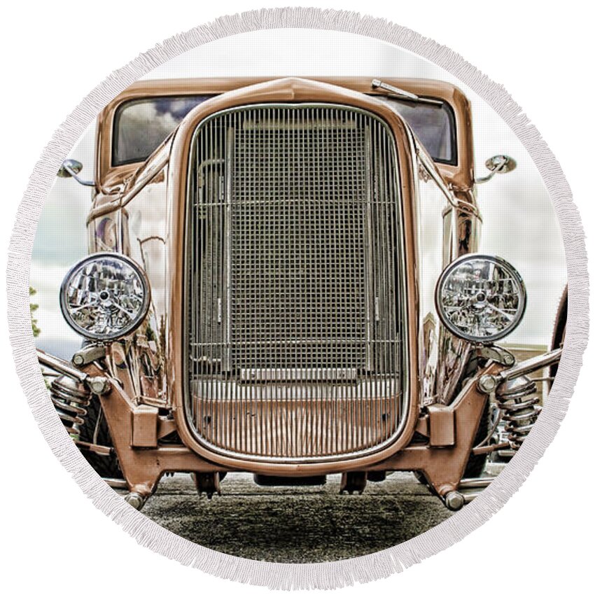 Classic Round Beach Towel featuring the photograph Burnt Orange Hot Rod by Jerry Nettik
