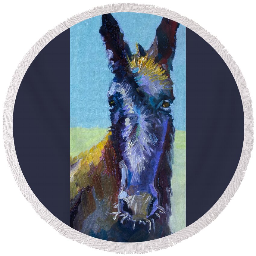 Burro Round Beach Towel featuring the painting Burro Stare by Diane Whitehead