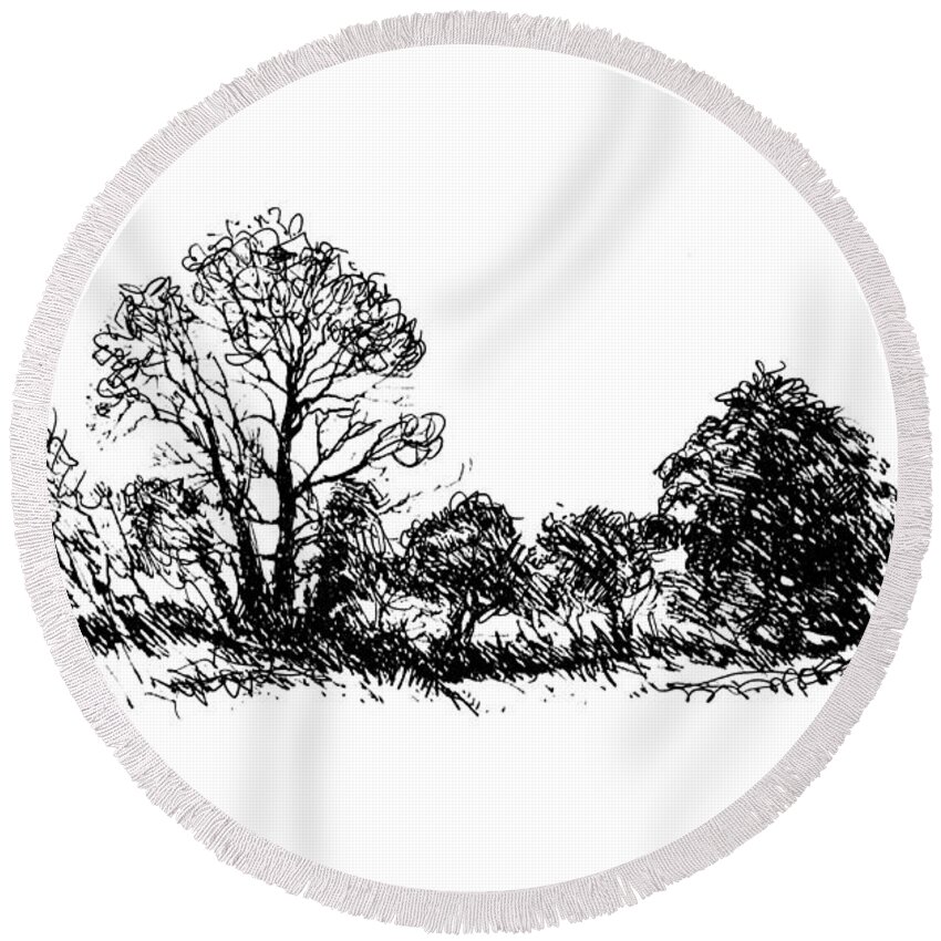 Landscape Round Beach Towel featuring the drawing Bushes by Art MacKay