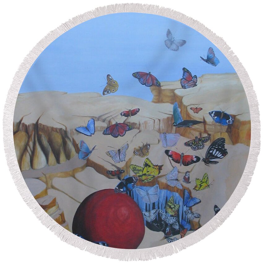 Red Ball Round Beach Towel featuring the painting Butterflie Excape by Richard Dotson