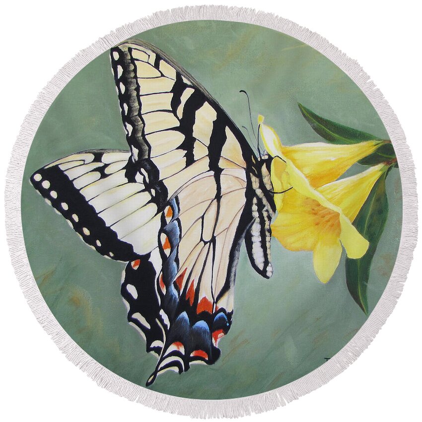 Butterflyonjasmine Round Beach Towel featuring the painting Butterfly on Jasmine by Jimmie Bartlett
