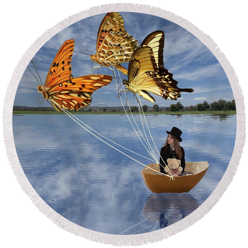Butterfly Round Beach Towel featuring the digital art Butterfly Sailing by Linda Lees