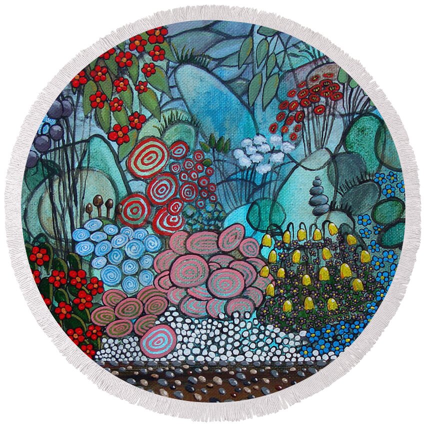 Landscape Round Beach Towel featuring the painting By The Bay by Mindy Huntress