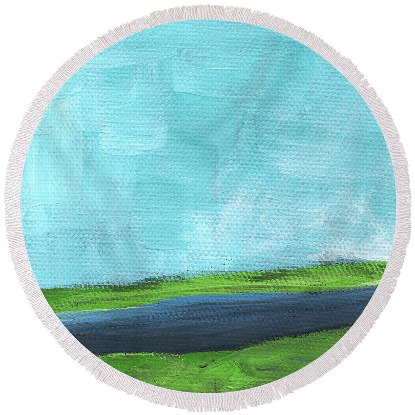 River Round Beach Towel featuring the painting By The River- abstract landscape painting by Linda Woods