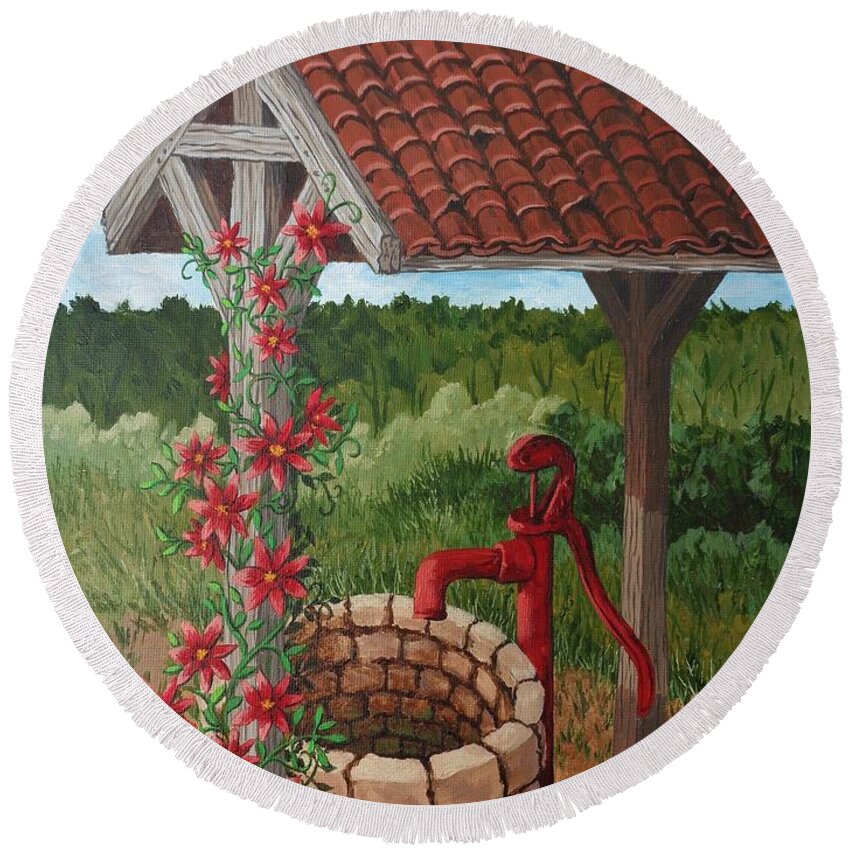 Print Round Beach Towel featuring the painting By the Water Pump by Katherine Young-Beck