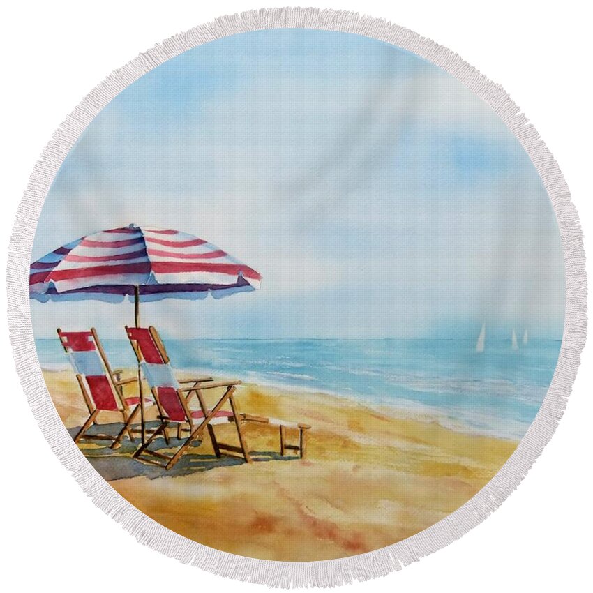 Seashore Round Beach Towel featuring the painting By the Waterfront by Debbie Lewis