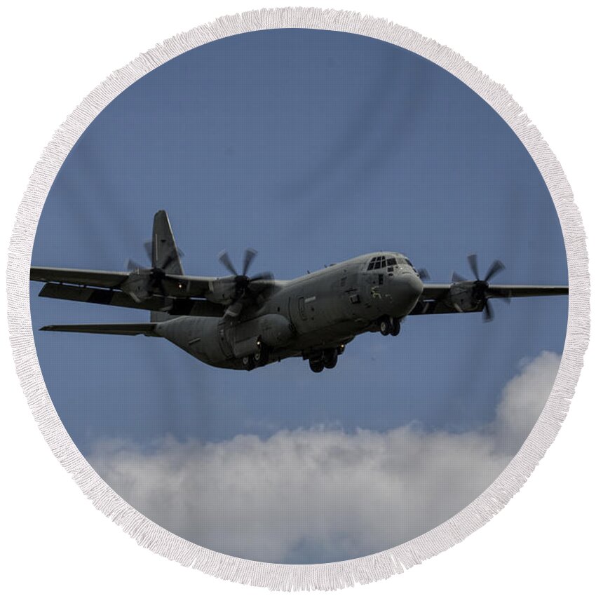 C-130 Round Beach Towel featuring the photograph C130 by Airpower Art