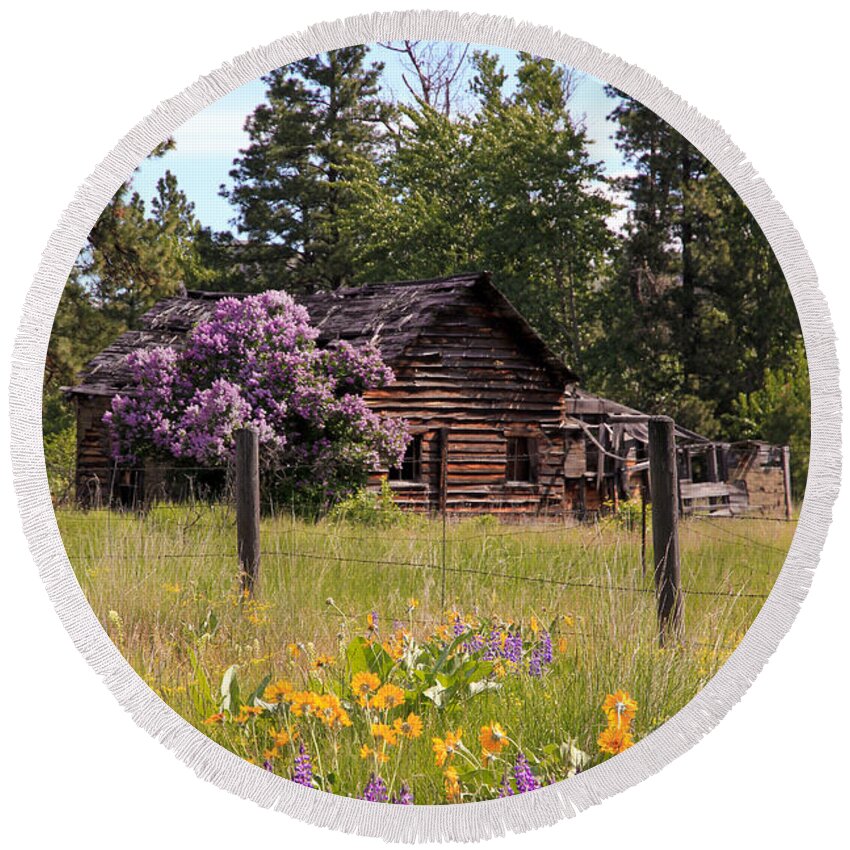 Cabin Round Beach Towel featuring the photograph Cabin and Wildflowers by Athena Mckinzie