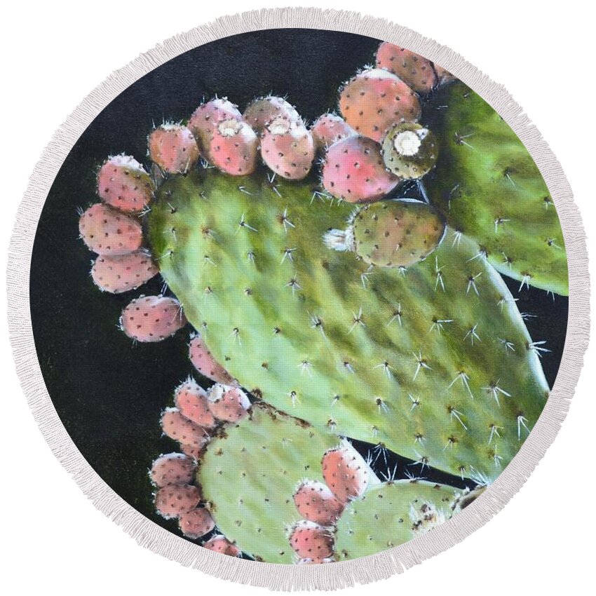 Plant Round Beach Towel featuring the painting Cactus Fruit by Mary Rogers