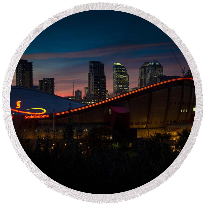 Calgary Round Beach Towel featuring the photograph Calgary at Night by Bill Cubitt