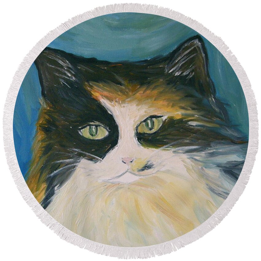 Calico Cat Round Beach Towel featuring the painting Cali by Victoria Lakes