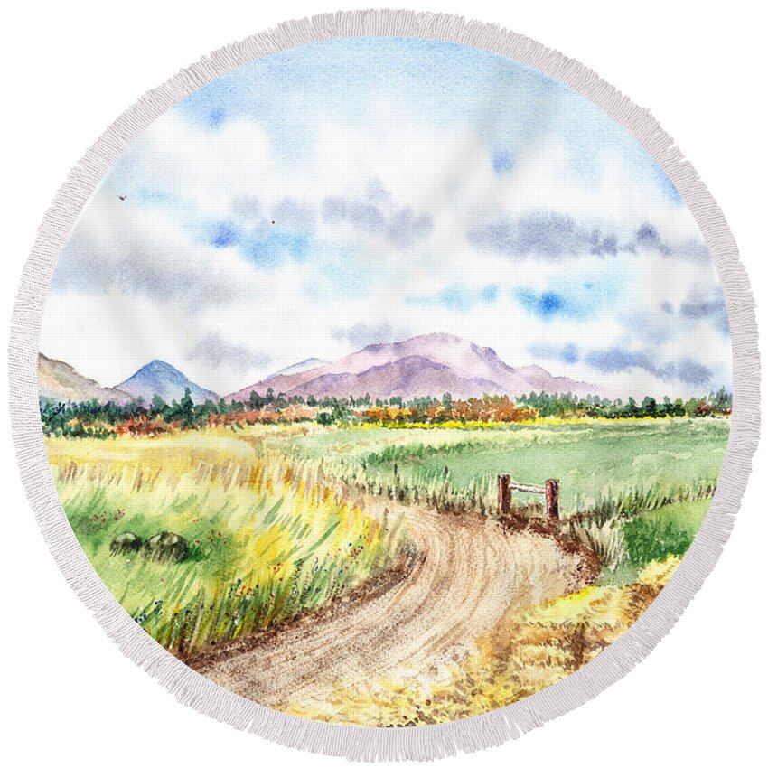 Mountains Round Beach Towel featuring the painting Californian Landscape Saint Johns Ranch of Mountain Shasta County by Irina Sztukowski