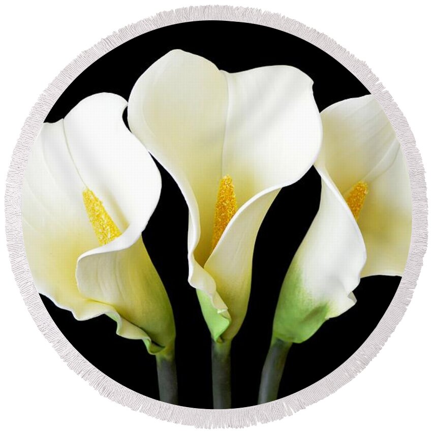 Cally Lily Round Beach Towel featuring the photograph Calla Lily Trio by Mary Deal