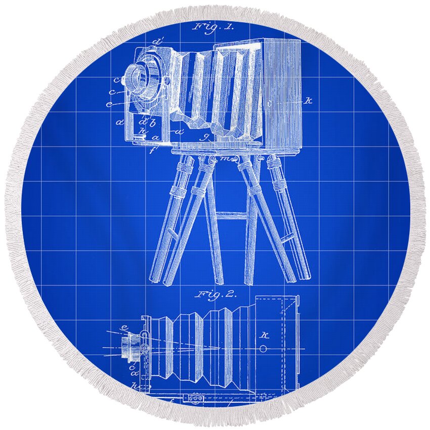 Camera Round Beach Towel featuring the digital art Camera Patent 1885 - Blue by Stephen Younts