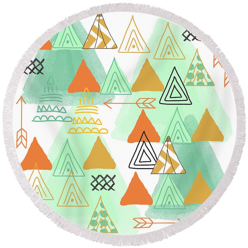 Teeepee Round Beach Towel featuring the painting Camping by Linda Woods