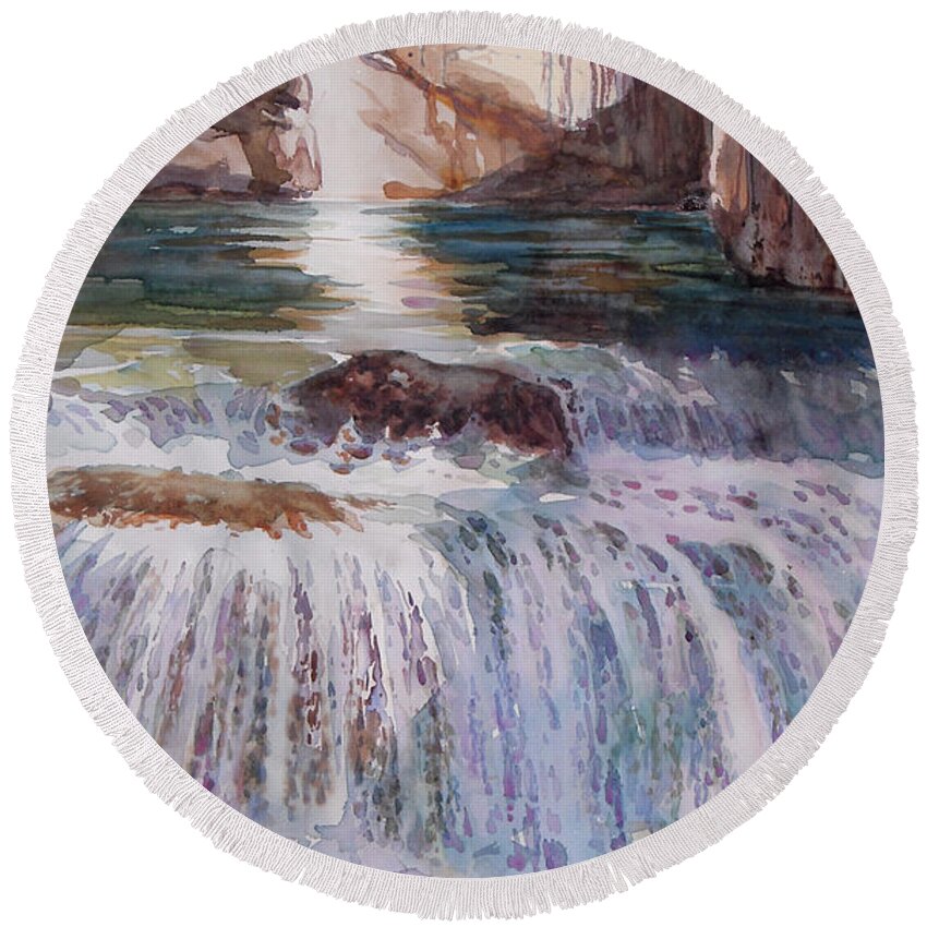 Waterfall Round Beach Towel featuring the painting Canada Cascade by Maryann Boysen