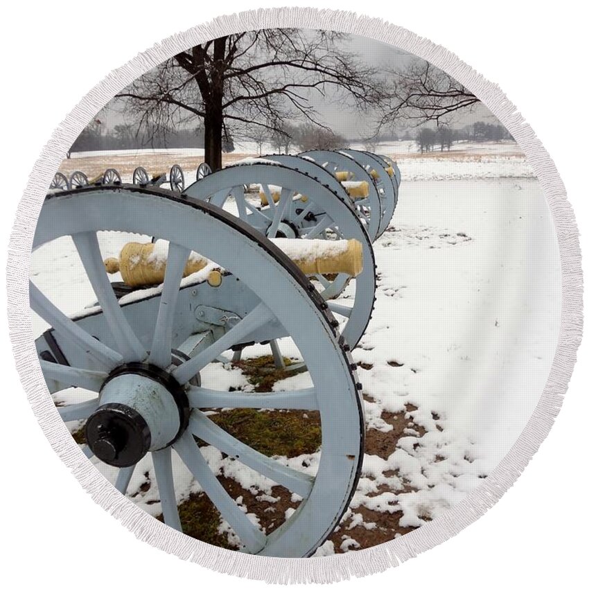 Cannons Round Beach Towel featuring the photograph Cannon's in the snow by Michael Porchik