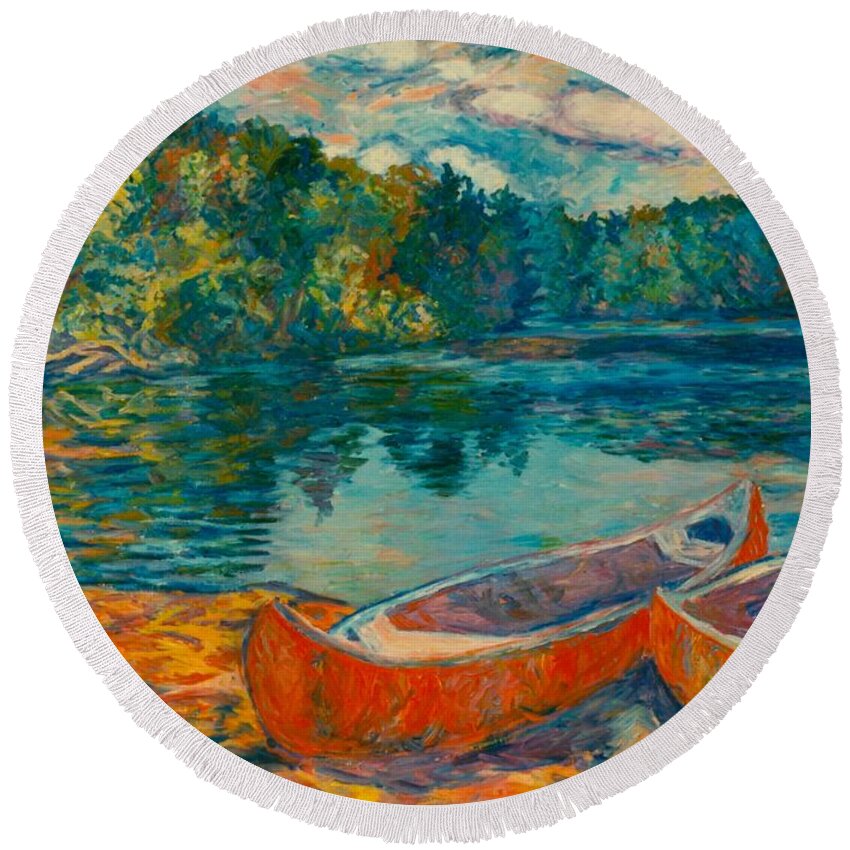 Landscape Round Beach Towel featuring the painting Canoes at Mountain Lake by Kendall Kessler