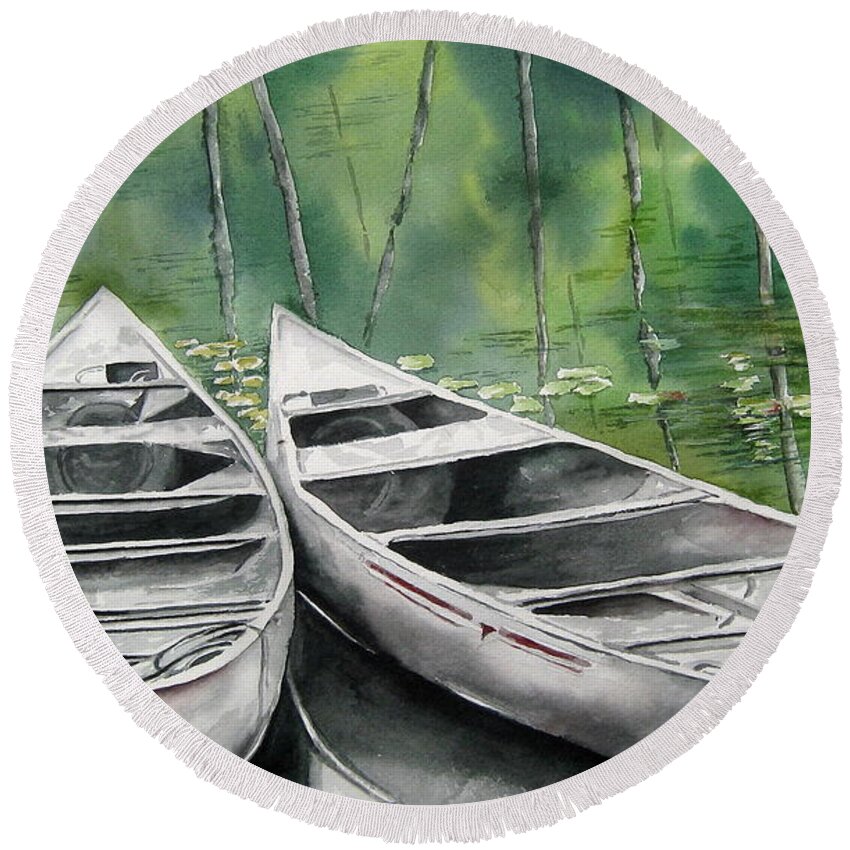 Lake Round Beach Towel featuring the painting Canoes To Go by Mary McCullah