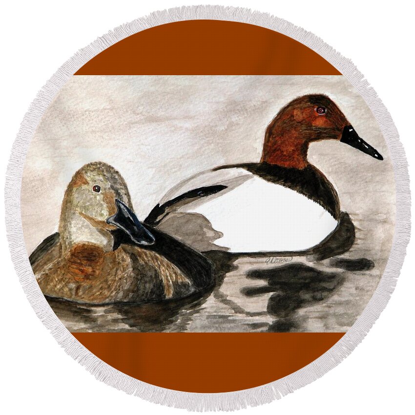 Canvasback Ducks Round Beach Towel featuring the painting Canvasback Couple by Angela Davies