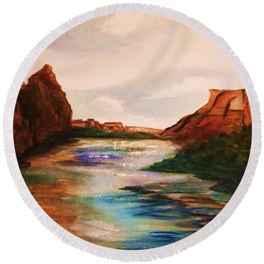 Canyon De Chelly Round Beach Towel featuring the painting Canyon De Chelly Golden Dawn by Ellen Levinson