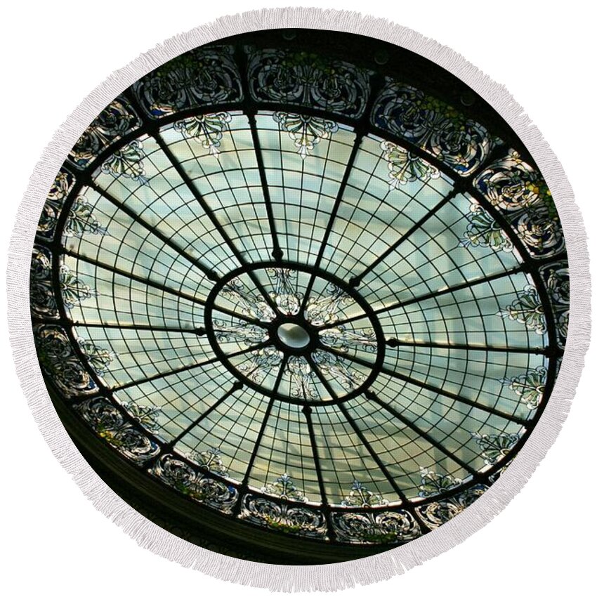 Stained Glass Round Beach Towel featuring the photograph Capital Building Stained Glass by Susan McMenamin