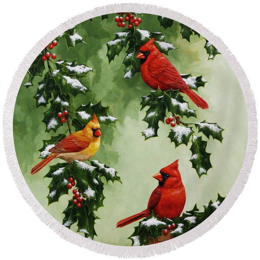 Bird Round Beach Towel featuring the painting Cardinals and Holly - Version with Snow by Crista Forest