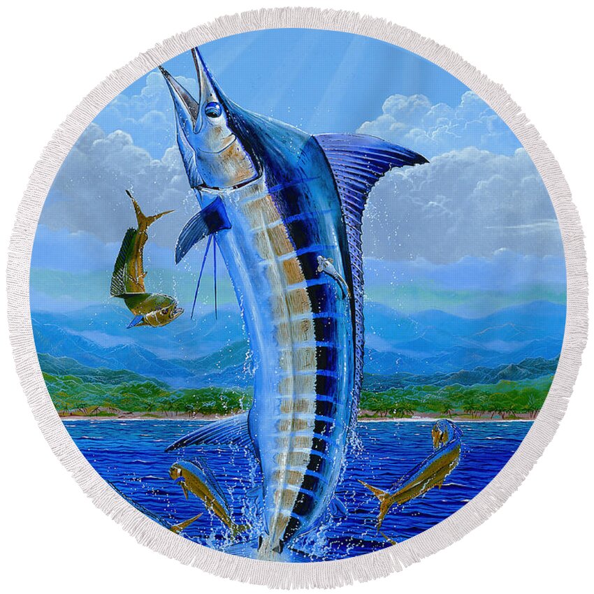 Blue Marlin Round Beach Towel featuring the painting Caribbean blue Off0041 by Carey Chen