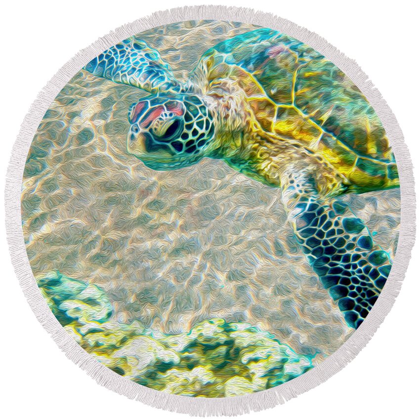 Caribbean Sea Turtle Round Beach Towel featuring the mixed media Beautiful Sea Turtle by Jon Neidert