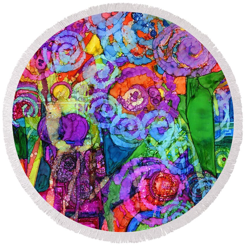 Abstract Round Beach Towel featuring the painting Carnival by Vicki Baun Barry