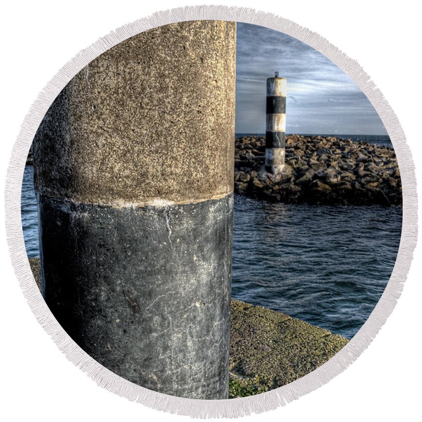 Carnlough Round Beach Towel featuring the photograph Carnlough Pillars by Nigel R Bell