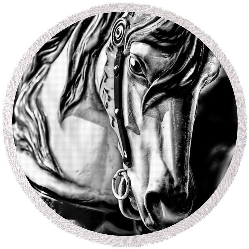 Christopher Holmes Photography Round Beach Towel featuring the photograph Carousel Horse Two - BW by Christopher Holmes