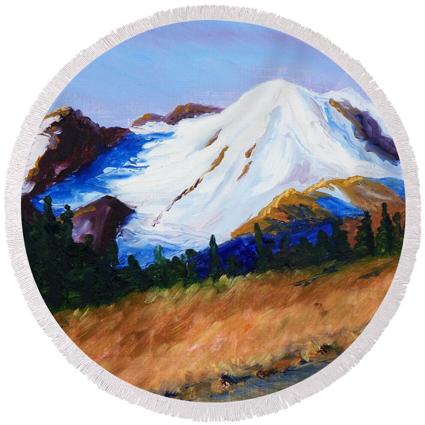 Mountain Round Beach Towel featuring the painting Cascade by Nancy Merkle