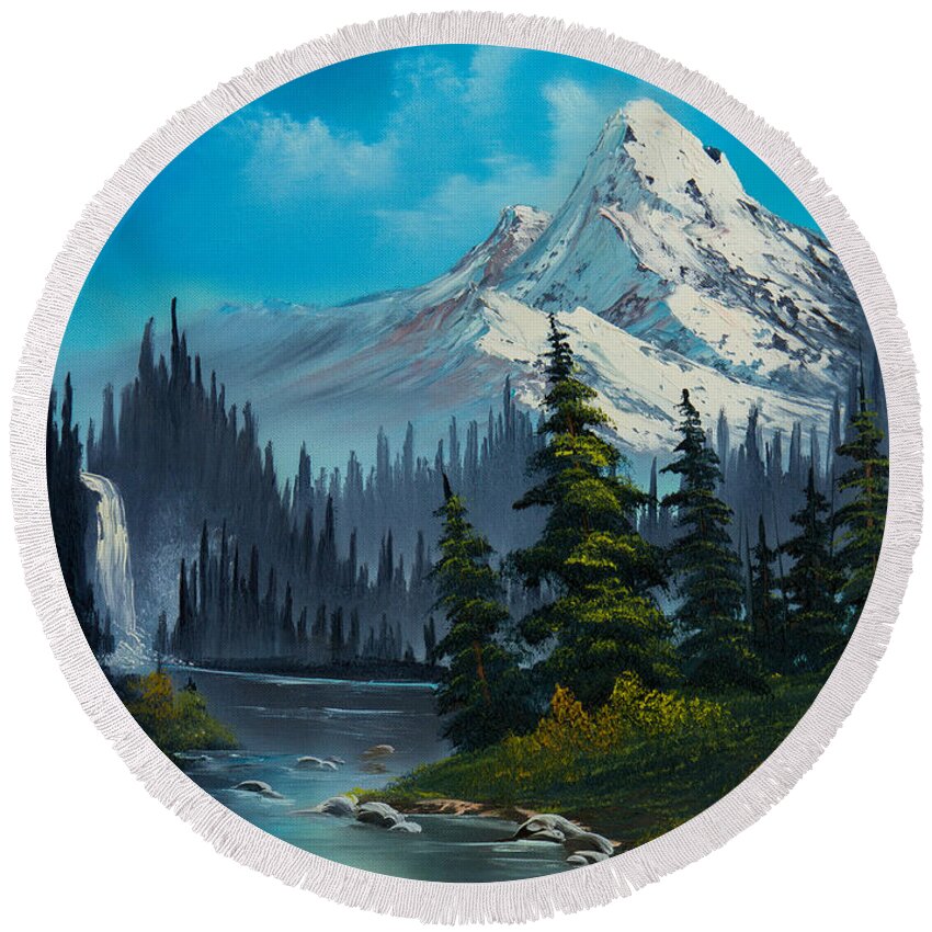 Landscape Round Beach Towel featuring the painting Cascading Falls by Chris Steele