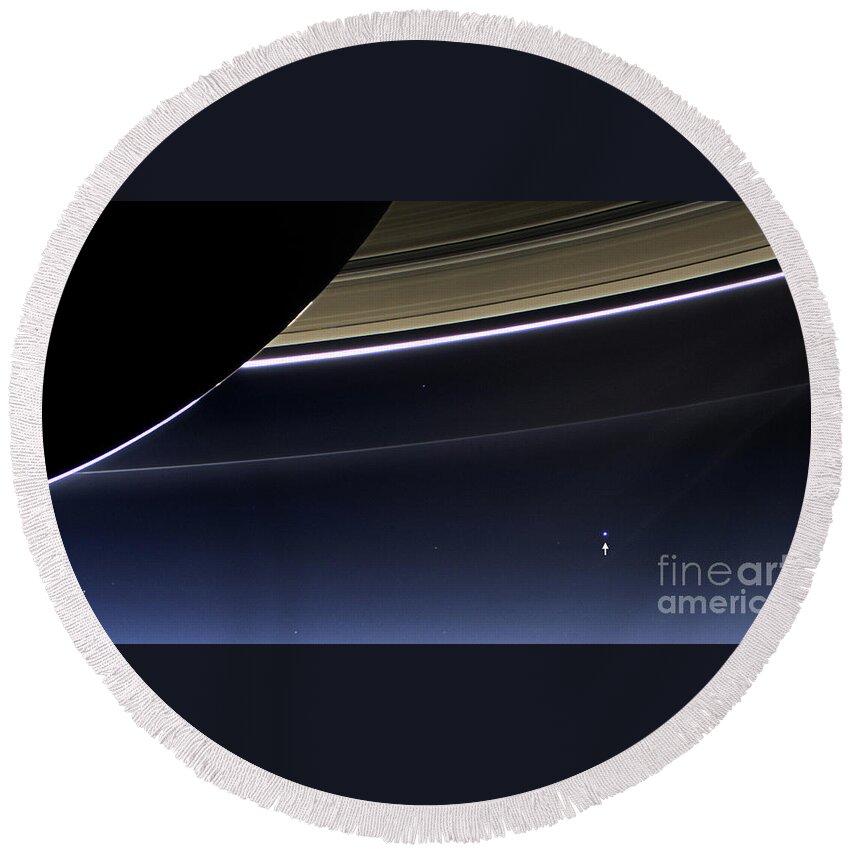 Saturn Round Beach Towel featuring the photograph Cassini View Of Saturn And Earth by Science Source