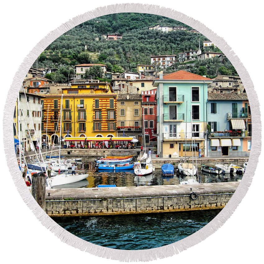 Castelletto Di Brenzone Round Beach Towel featuring the photograph Castelleto Harbor.Italy by Jennie Breeze