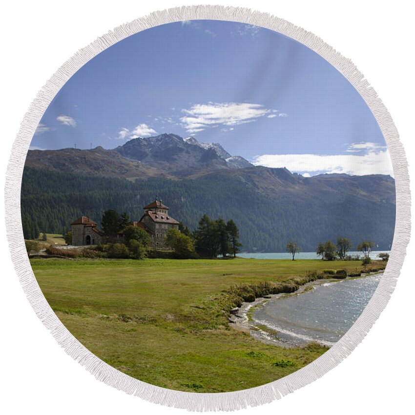 Mountains Round Beach Towel featuring the photograph Castle and mountain by Mats Silvan