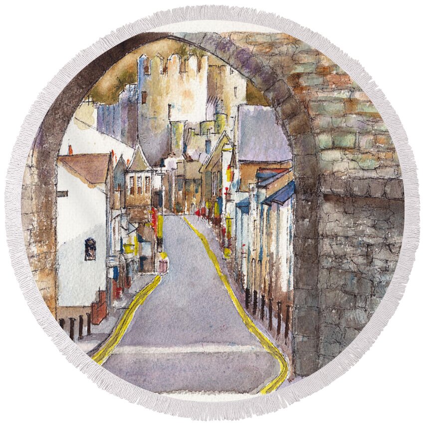 Landscape Round Beach Towel featuring the painting Castle Street Conwy North Wales by Dai Wynn