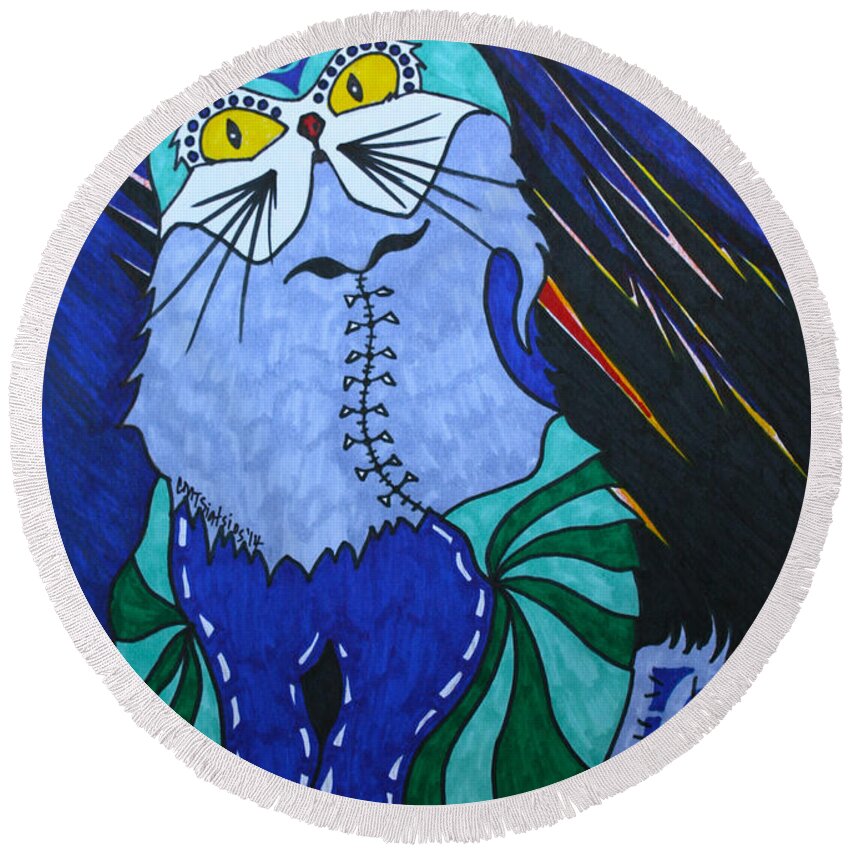 Cat Round Beach Towel featuring the drawing Cat 4 by Carol Tsiatsios
