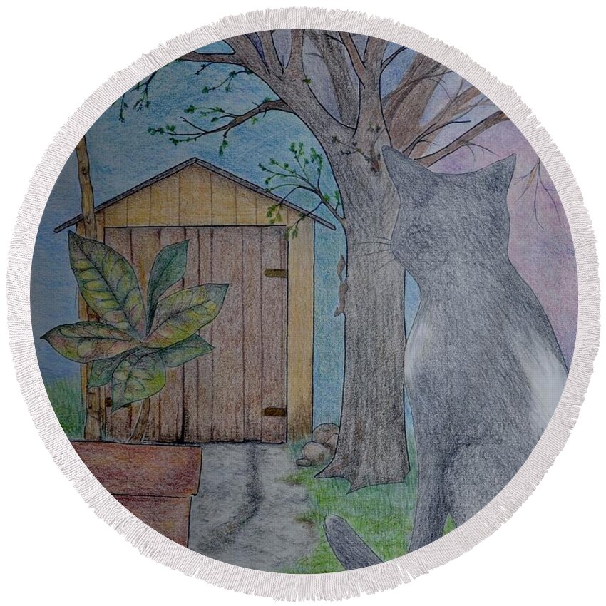 Cat Round Beach Towel featuring the drawing Cat at the window by Elaine Berger