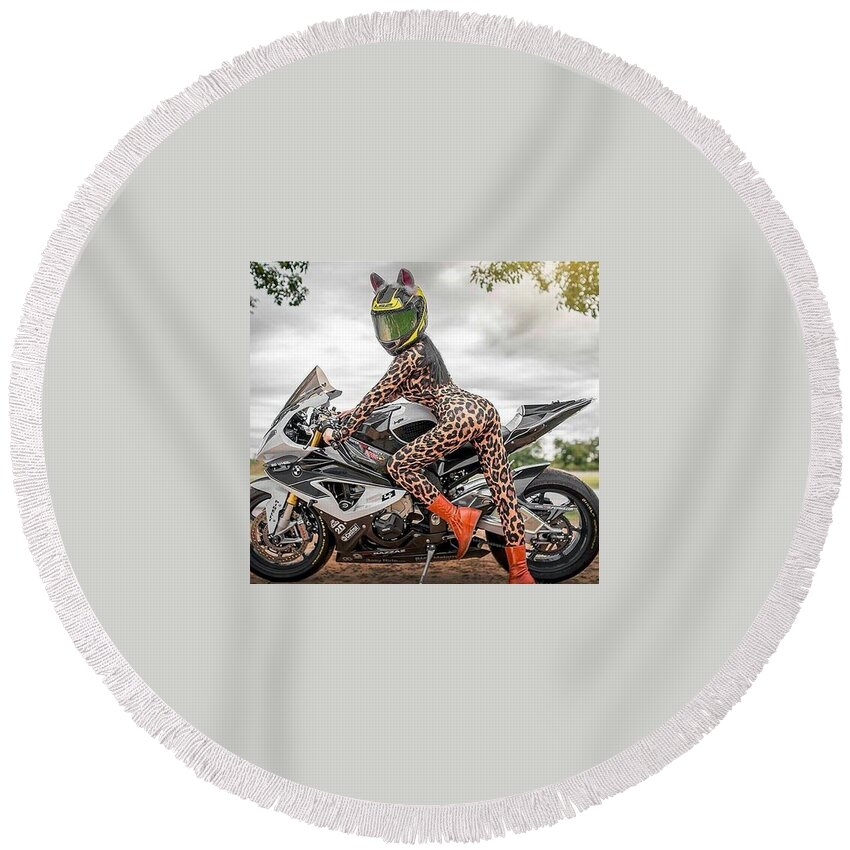 Motorcycle Round Beach Towel featuring the photograph Cat bike by Lawrence Christopher