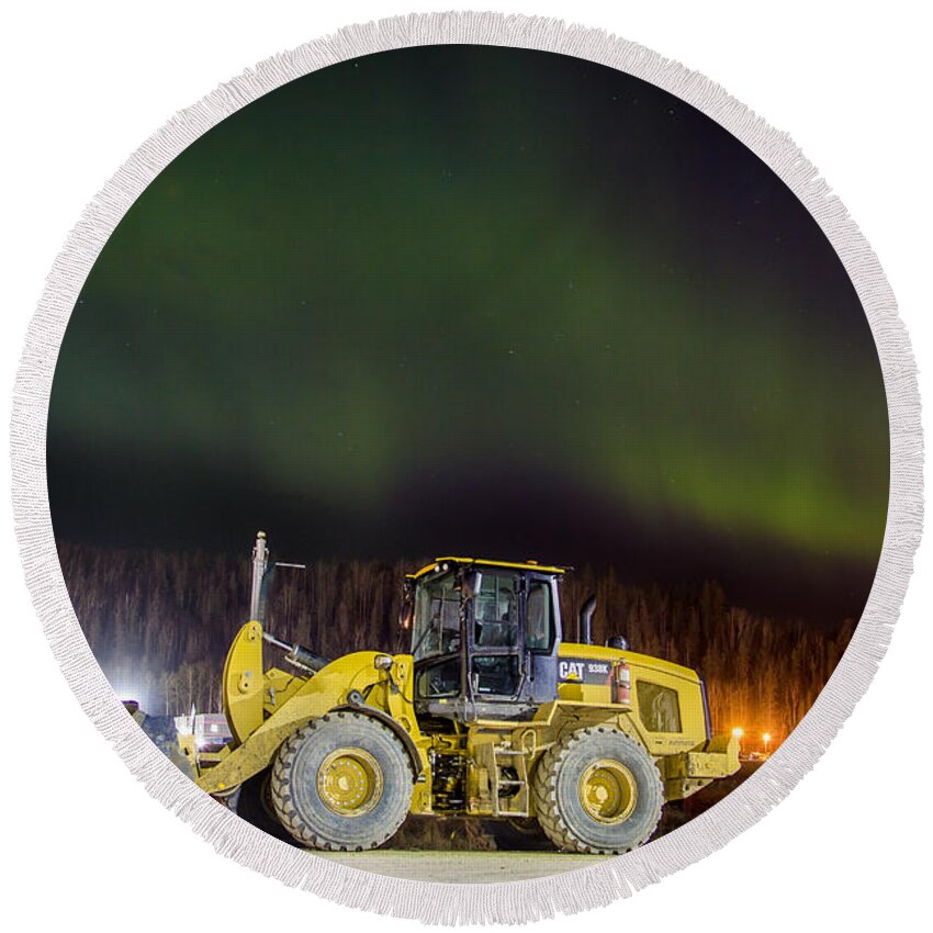 Northern Lights Round Beach Towel featuring the photograph CAT Equipment Northern Lights by Alanna DPhoto