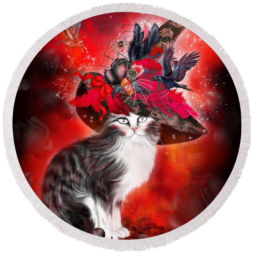 Cat Round Beach Towel featuring the mixed media Cat In Fancy Witch Hat 1 by Carol Cavalaris