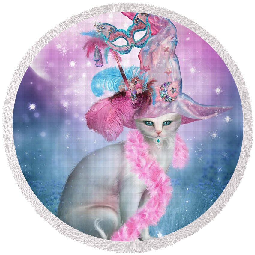 Cat Round Beach Towel featuring the mixed media Cat In Fancy Witch Hat 4 by Carol Cavalaris