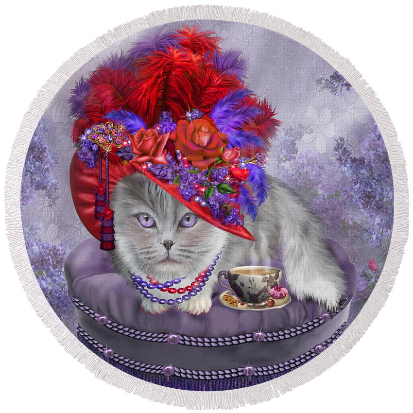 Cat Round Beach Towel featuring the mixed media Cat In The Red Hat by Carol Cavalaris
