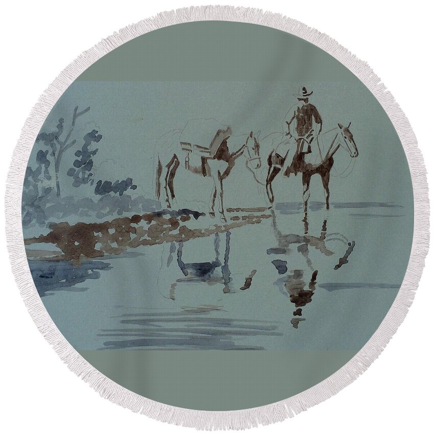 Art Round Beach Towel featuring the painting Cautious Creek Crossing by Bern Miller
