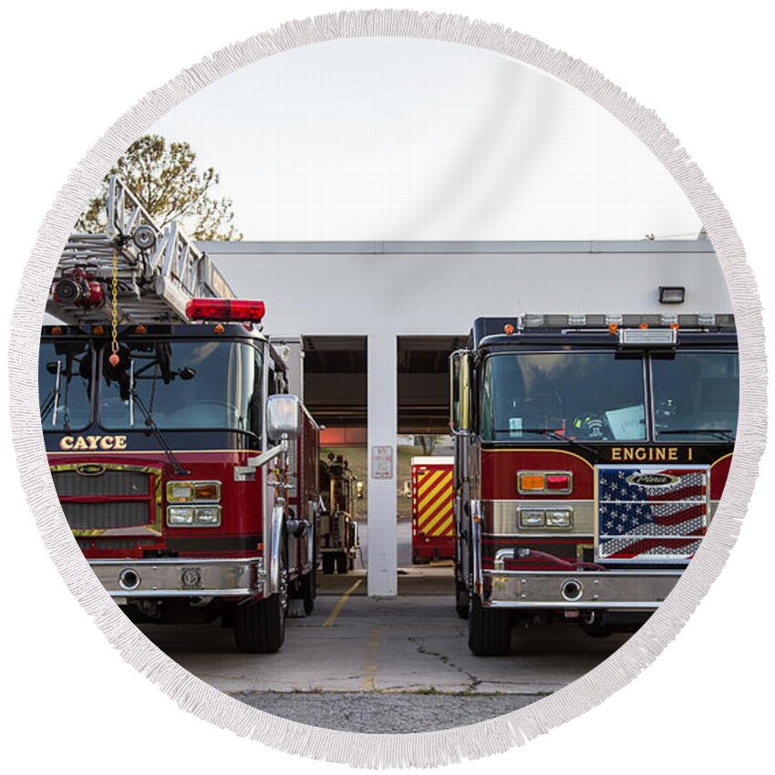 Cayce Round Beach Towel featuring the photograph Cayce Fire Trucks-1 by Charles Hite