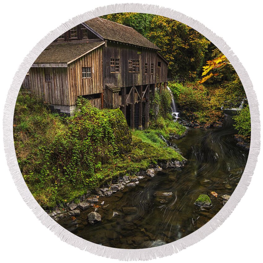 October Round Beach Towel featuring the photograph Cedar Creek Grist Mill 2 by Mark Kiver