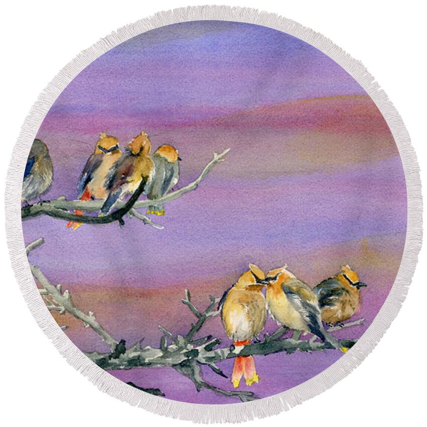 Bohemian Waxwings Round Beach Towel featuring the painting Bohemian Waxwings Birds by Melly Terpening