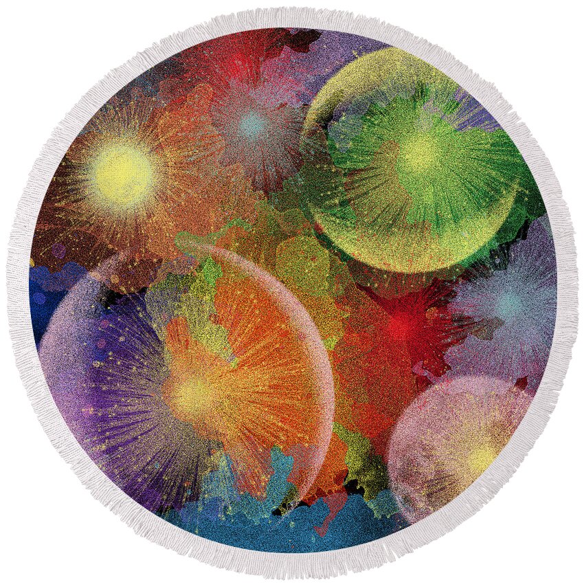 Fireworks Round Beach Towel featuring the painting Celestial Fireworks digital art by Georgeta Blanaru